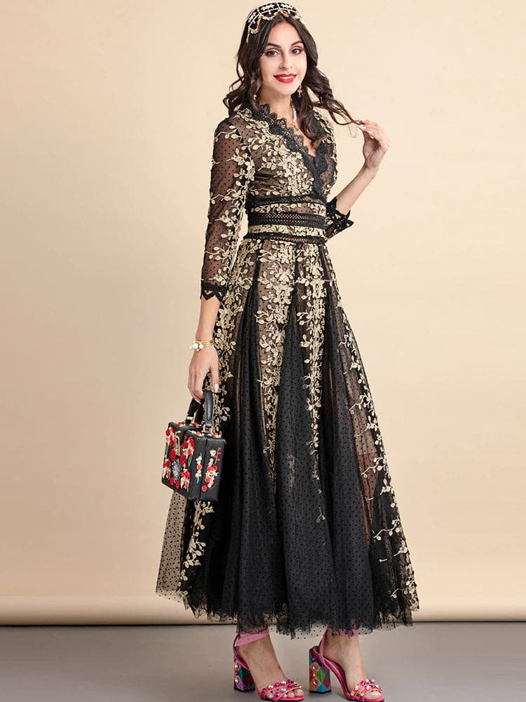 lace evening gown with gold floral embroidery – Nafula