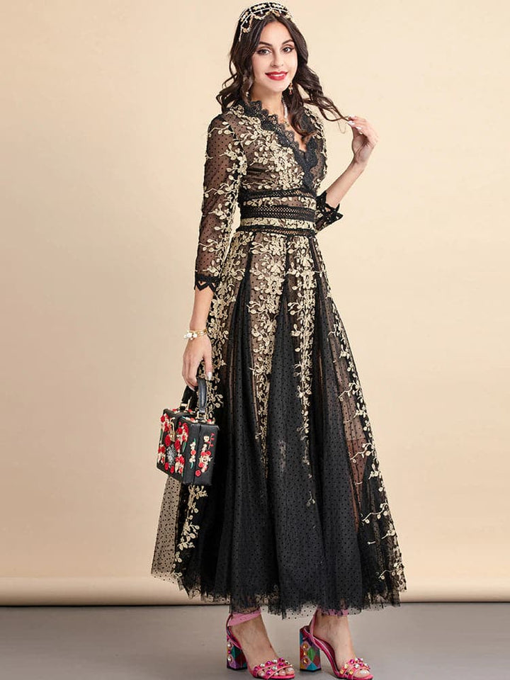 lace evening gown with gold floral embroidery – Nafula