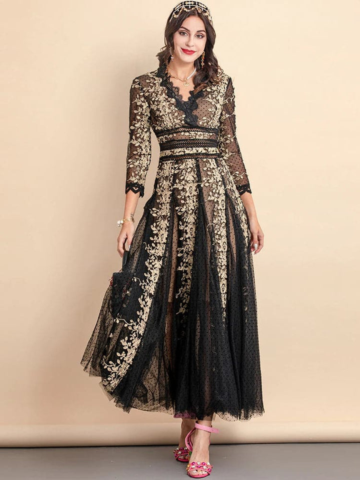 lace evening gown with gold floral embroidery – Nafula