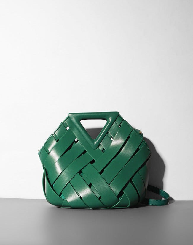 woven leather triangle-handle crossbody bag - Ahrana