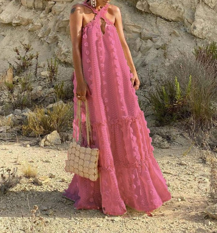 halter neck maxi dress with textured appliqué – Aaseok