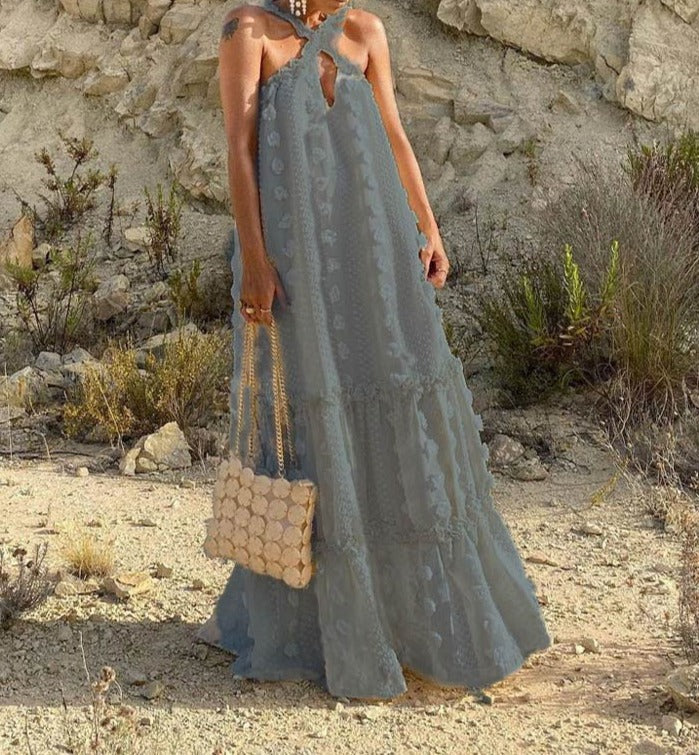 halter neck maxi dress with textured appliqué – Aaseok