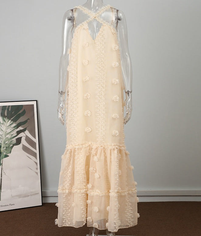 halter neck maxi dress with textured appliqué – Aaseok