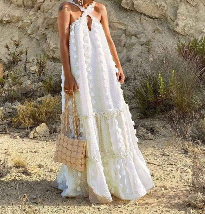 halter neck maxi dress with textured appliqué – Aaseok