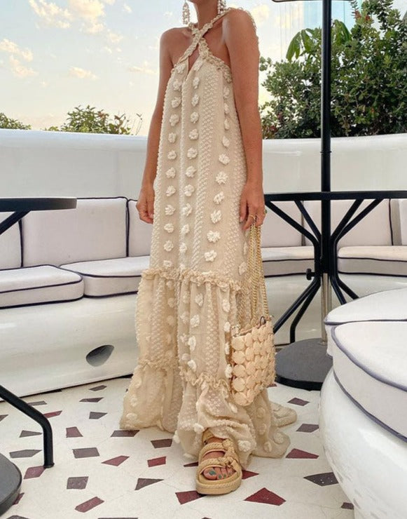 halter neck maxi dress with textured appliqué – Aaseok