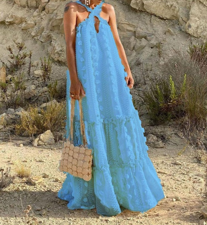 halter neck maxi dress with textured appliqué – Aaseok