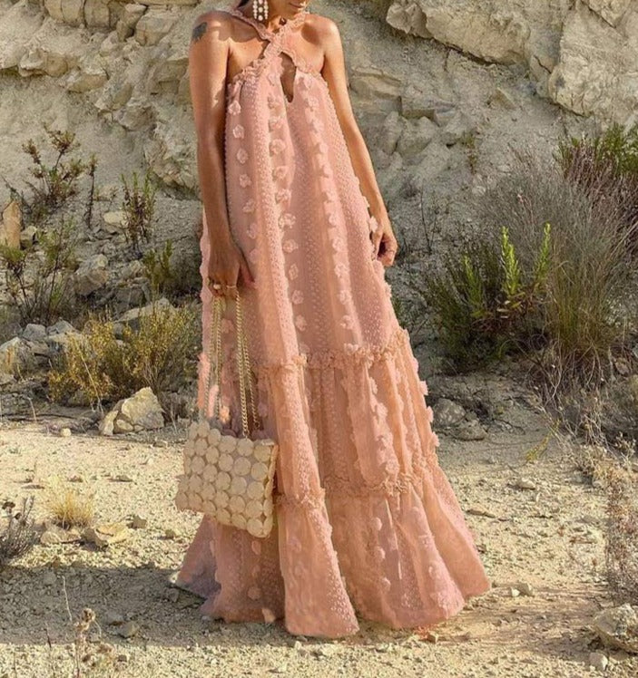 halter neck maxi dress with textured appliqué – Aaseok