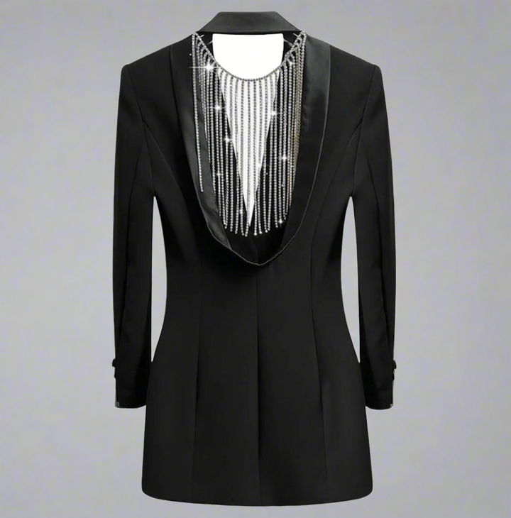 long sleeve blazer with satin lapel and crystal fringe - Zamira
