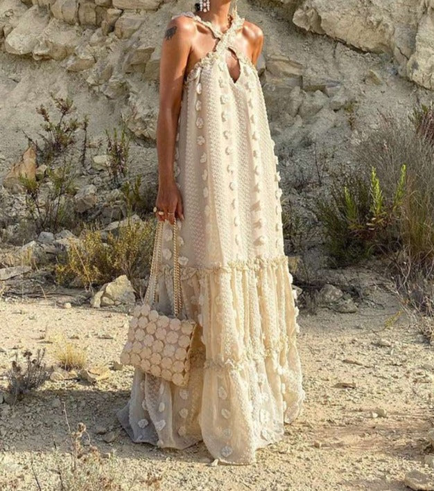 halter neck maxi dress with textured appliqué – Aaseok