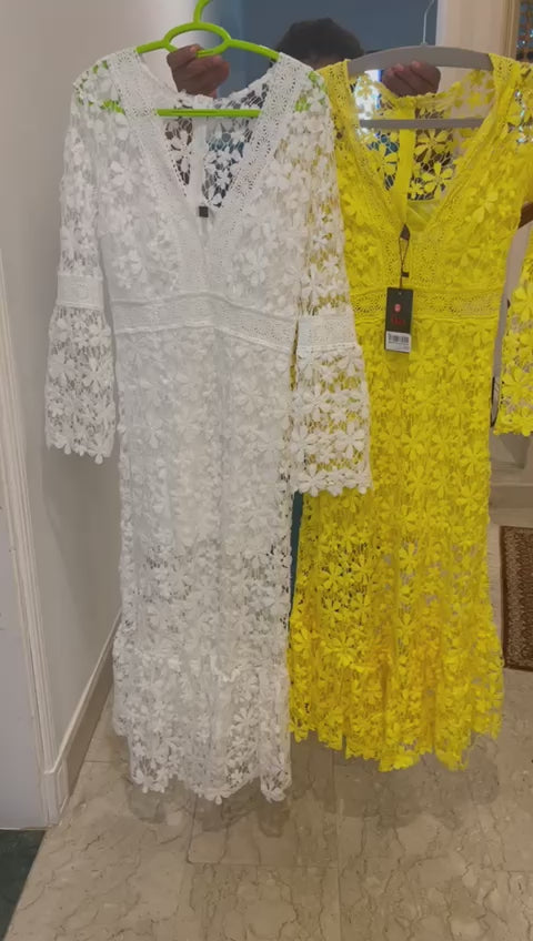 White lace maxi dress with flared sleeves – Leueua